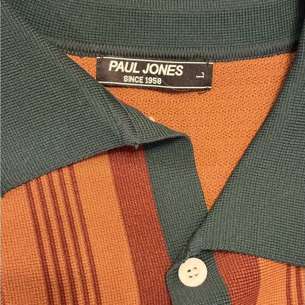 Paul Jones Men’s Knit Button Up Shirt Brown Green Striped Sweater Top Size L - Picture 2 of 3